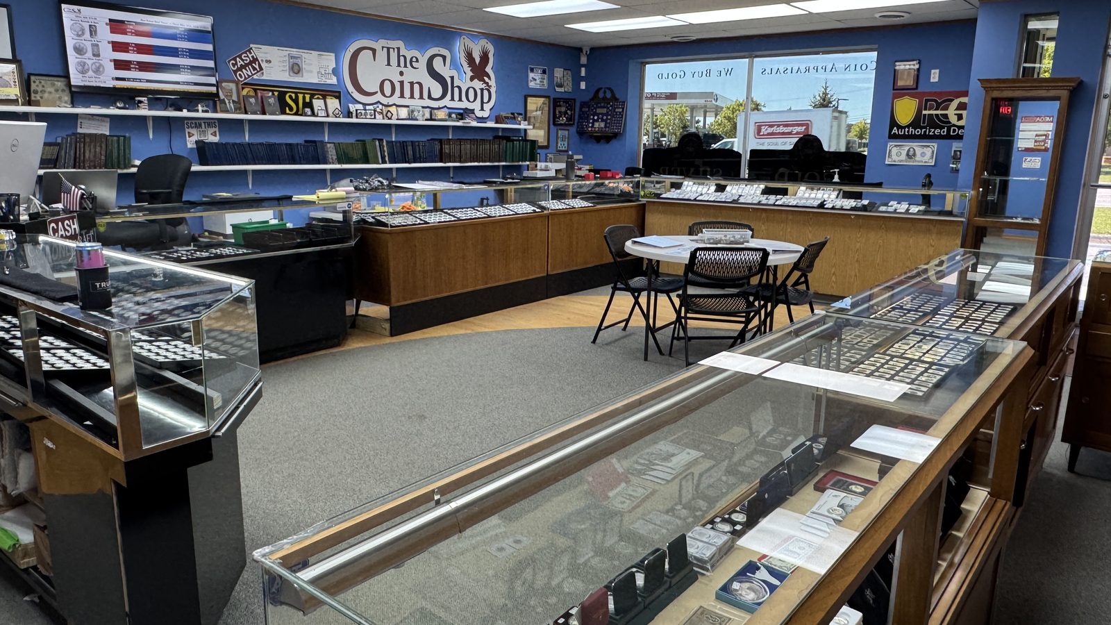 Row of coin display cases