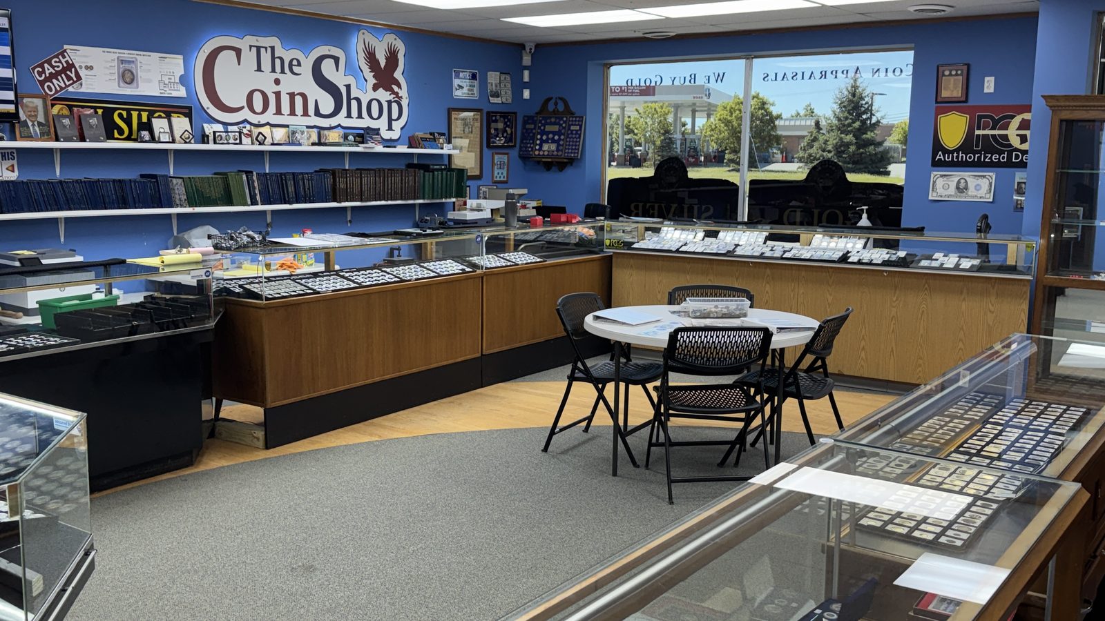 Customer seating among display cases