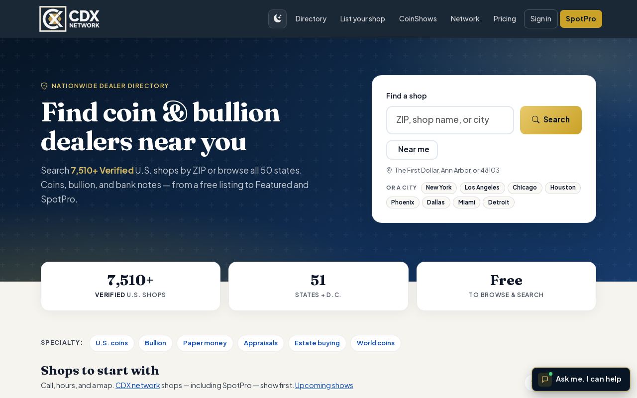 CDXList nationwide coin shop directory preview