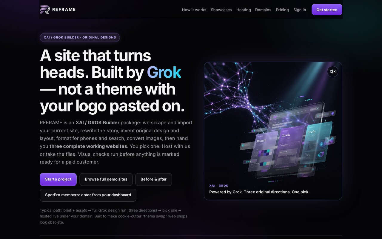REFRAME — Grok (xAI) AI website builder preview
