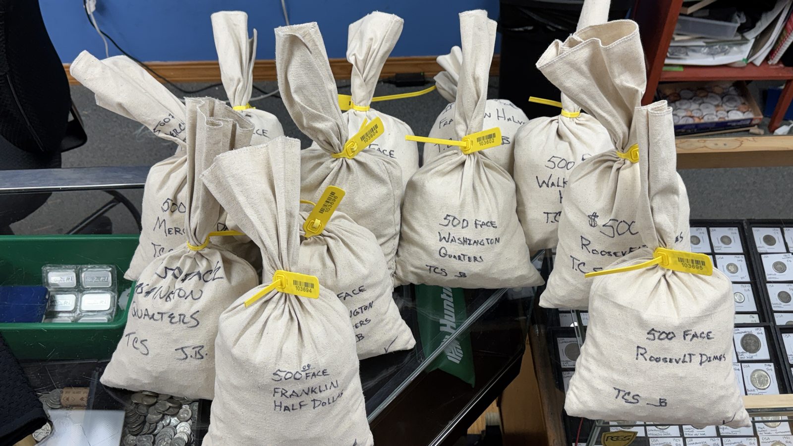 Canvas bags of $500 face value constitutional silver